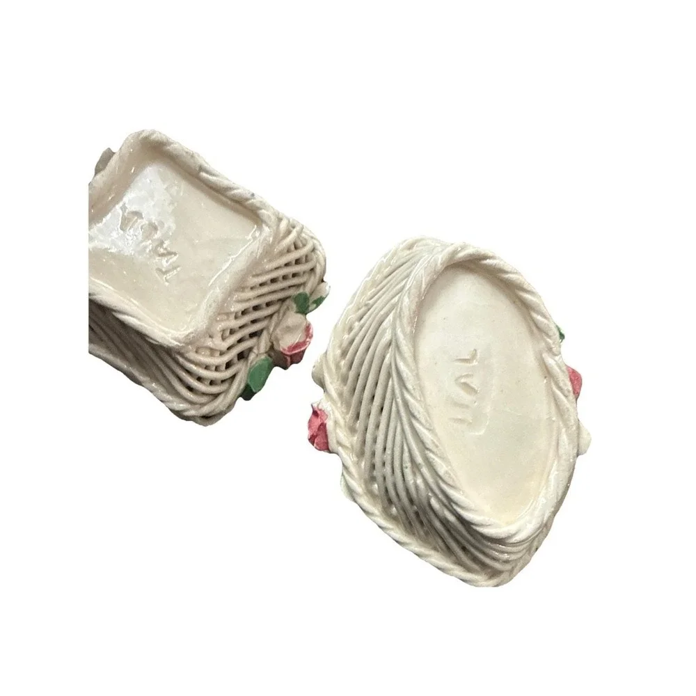 Vintage Woven Italy Campidomite Basket And Trinket Boxes Porcelain (belleek??)